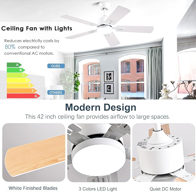 42 inch Modern White Ceiling Fans with Lights APP/Remote Control, Low Profile Reversible 6 Speeds Ceiling Fan Light for Indoor/Outdoor Patio Bedroom Living Room