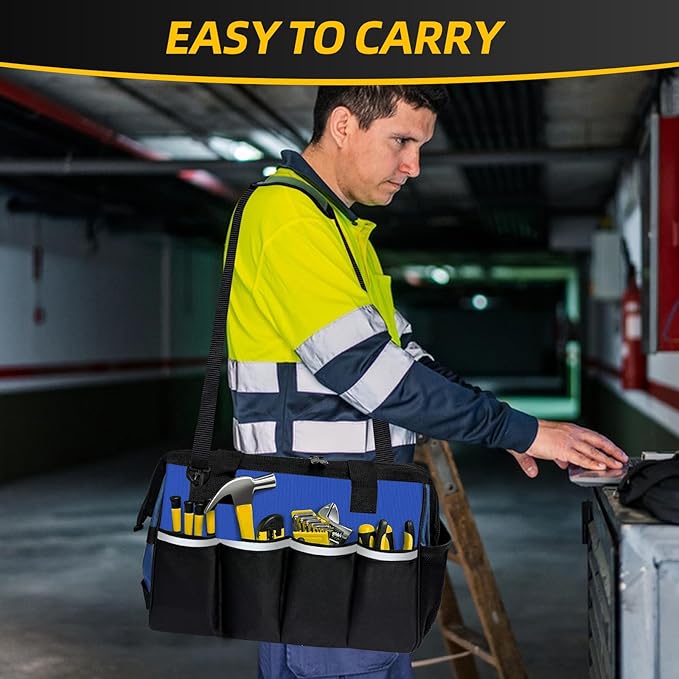 Tool Bag, Portable Tool Box Organizer Adjustable Shoulder Strap, Carry Tool Tote Heavy Duty Tool Storage Bag With Wide Mouth,Tool Bags for Men Mechanic EngineerGift - L, Blue & Black