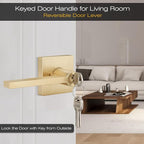 EHOMEWARE 5 Pcs Satin Brass Door Handles, Interior/Exterior Door Knobs with Lock and Key, Gold Entry Door Levers for Bedroom Bathroom or Front Doors, Heavy Duty Modern Door Hardware