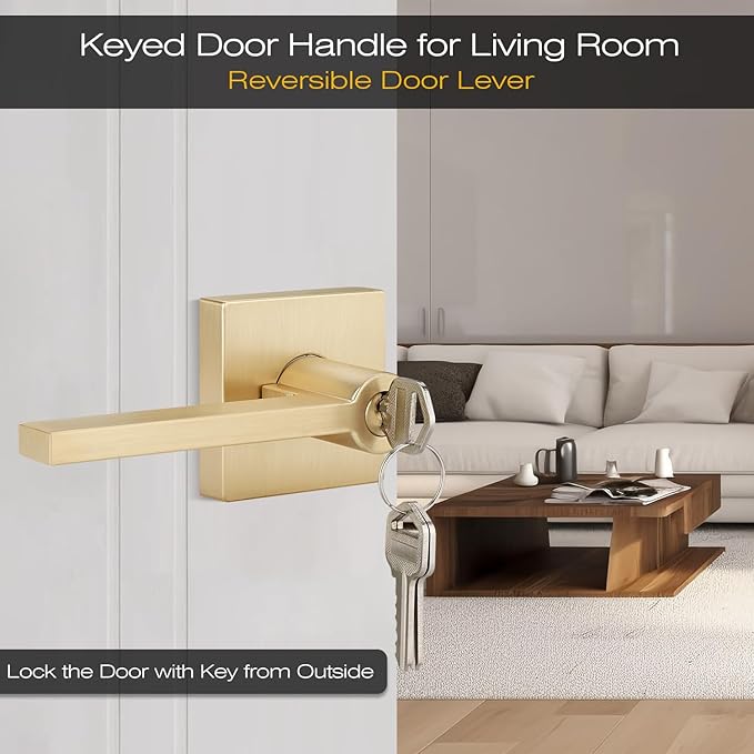 EHOMEWARE 8 Pack Gold Door Handles Door Knobs,Heavy Duty Modern Interior/Exterior Door Handle Sets, Satin Brass Door Lever Front Entry Door Handle wth Lock and Key