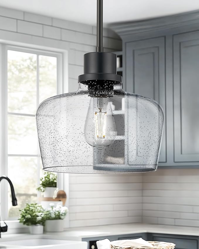 Emak 10 Inch Large Pendant Light, Black Pendant Lights Kitchen Island with Seeded Glass Shade, Modern Farmhouse Island Lights for Kitchen, Dining Room, Entrance, PL126-BK-SG