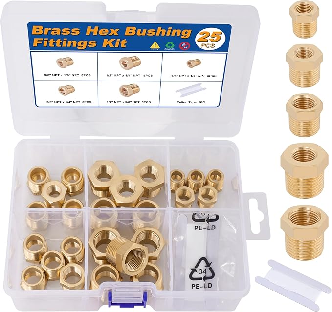 KOOTANS 25PCS Brass Hex Bushing Kit Brass Fittings Assortment 1/4" to 1/8", 3/8" to 1/8", 3/8" to 1/4", 1/2" to 1/4", 1/2" to 3/8" NPT Reducer Pipe Fittings Adapter Fitting