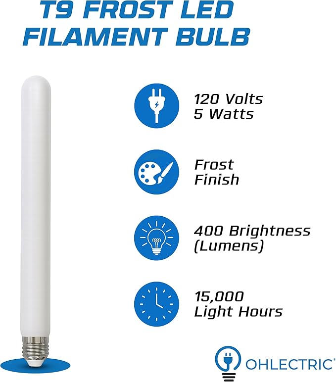 OHLECTRIC T9 LED Tubular Bulbs (1-Pack) 5W (40W Equivalent) 11" Frosted Tubular Bulb 400 Lumens, 3000K Soft White, E26 Medium Base, Dimmable, Wet Rated, Filament Style, Replacement for Bulbrite 776728