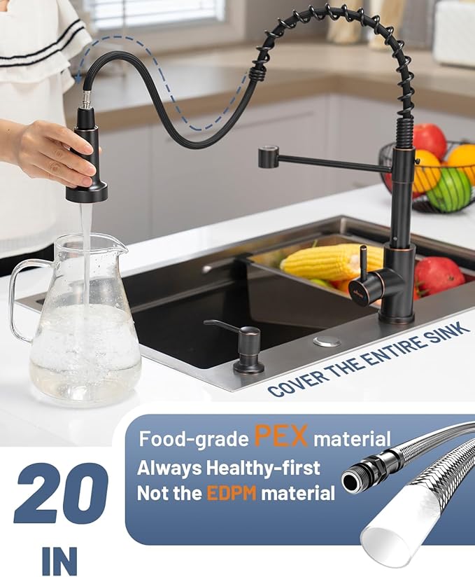 APPASO Bronze Kitchen Faucet with Soap Dispenser, ORB Pull Down Kitchen Sink Faucet, SUS304 Stainless Steel Single Handle High Arc Spring Faucet, Oil Rubbed Bronze