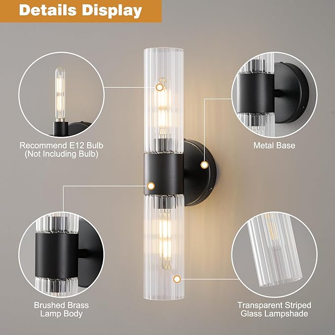 Bathroom Light Fixtures 2-Light, Modern Vanity Light for Bathroom, Wall Sconce, Bath Light with Glass Rods Shades for Mirror Bedroom Hallway (Black)
