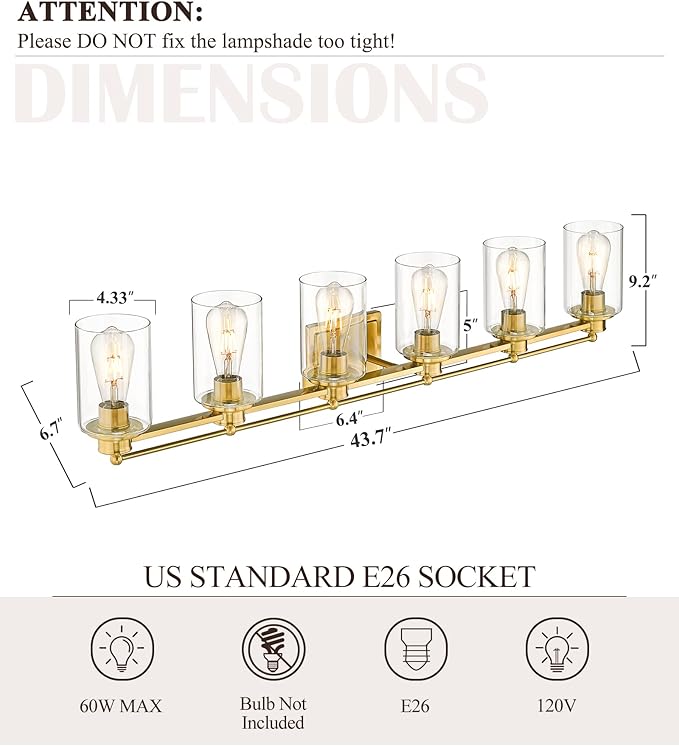 6 Light Bathroom Vanity Light, HWH Brushed Gold Light Fixture Bathroom Wall Vanity Lights, Modern Brass Vanity Lights Over Mirror with Clear Glass Shade, 5HLT63B-6W BG