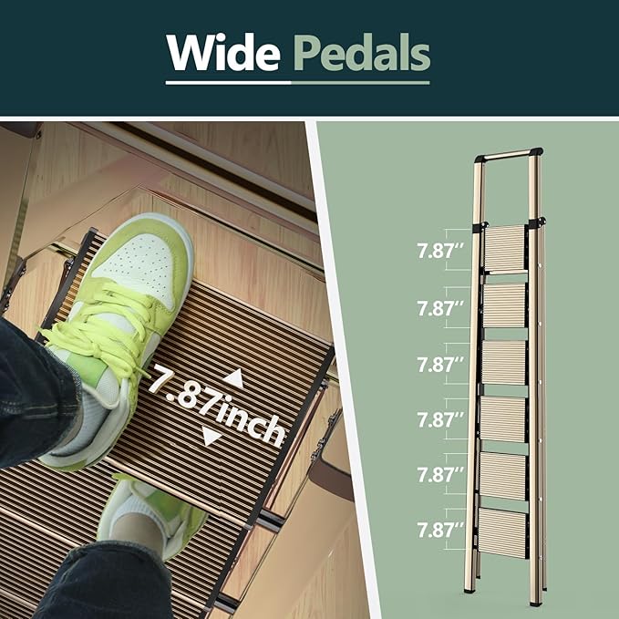 WOA WOA 6 Step Ladder, Lightweight Folding Ladder with Non-Slip Wide Pedals, Ladder with Safe Grip Handle, Easy to Open and Close, Suitable for Home and Outdoor - Brown Gold