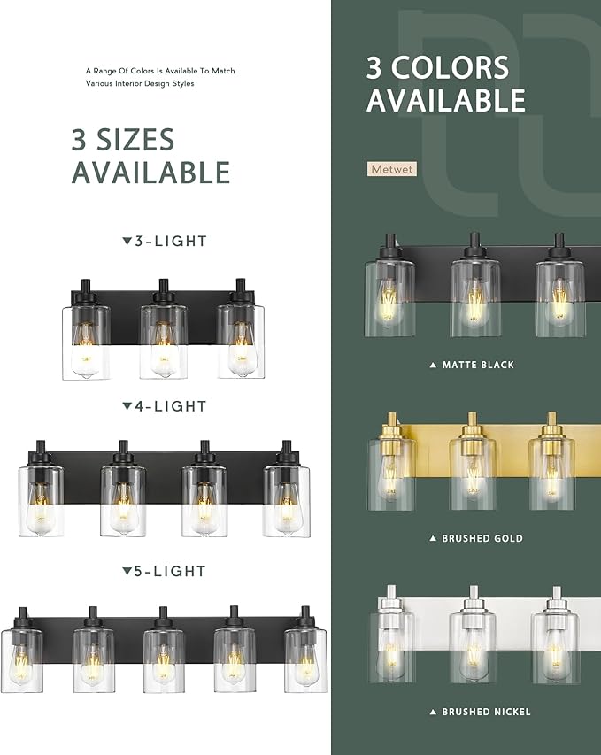5-Light Bathroom Light Fixtures, 30 Inch Black Vanity Light with Cylinder Clear Glass Shade, Modern Vanity Lighting Fixtures Over Mirror, VL143-MB-5