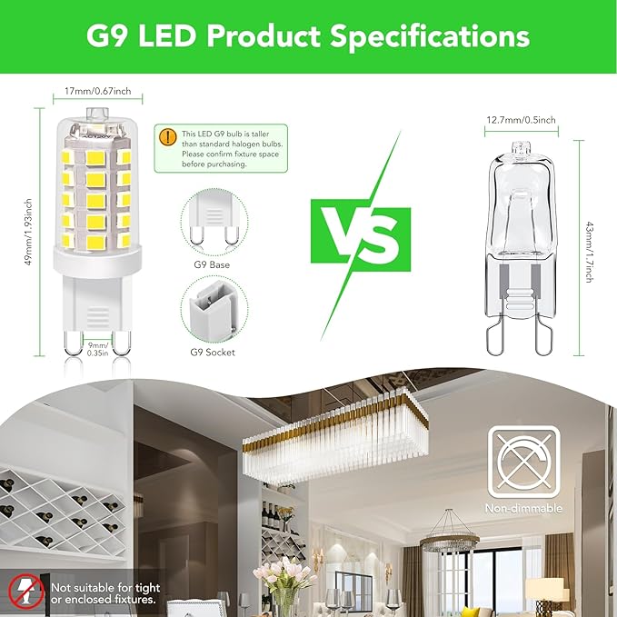 BUBO G9 LED Bulb 5000K Daylight 430 Lumens, 3W Equivalent 40W T4 G9 Halogen Replacement, 360°Beam Angle 120V Non-Dimmable No-Flicker G9 Light Bulbs for Crystal Chandelier Lighting, 10 Pack