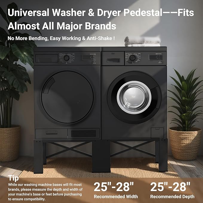 SKM 28" Dual-Pack Washer and Dryer Pedestals - Heavy-Duty Steel Laundry Stand Raiser for Washing Machine and Dryer, Compatible with Most 4.8-5.3 cu. ft. Capacity Appliances, Black