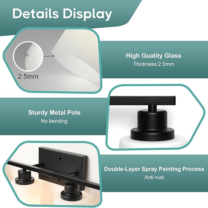 Ascher Bathroom Light Fixtures, 4-Light Vanity Light Over Mirror, Matte Black Wall Sconces with Milky White Frosted Glass Shades, Wall Lamp for Living Room Bedroom, E26 Base(Bulbs Not Included)