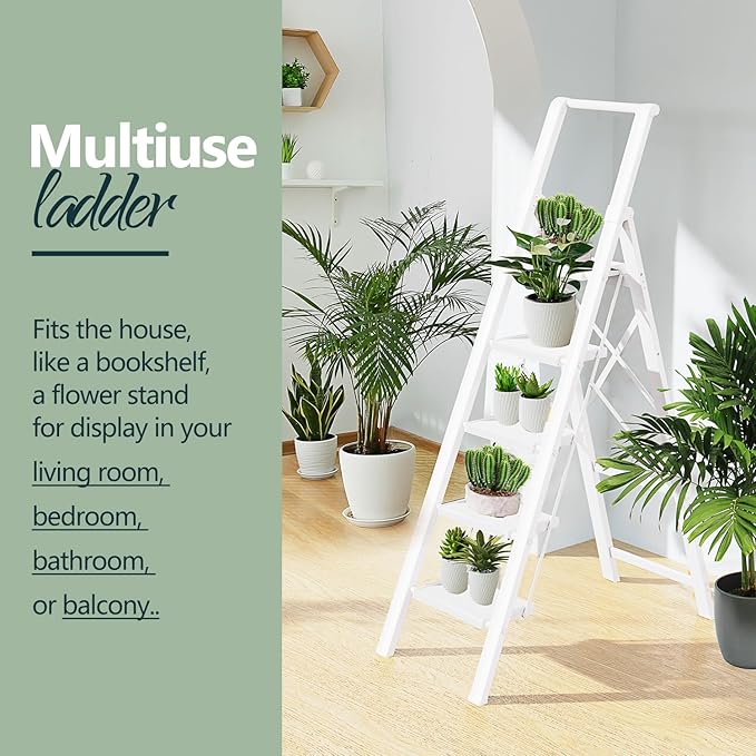 WOA WOA 5 Step Ladder for 10 Feet High Ceiling, Lightweight Foldable Ladder with Non-Slip Wide Pedals, Step Stool with Safe Handrail, Space Saving for Home, Kitchen, Indoor & Outdoor 300lbs - White