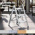 Taranta 3 Step Ladder,Aluminum Lightweight Folding 3 Step Stool with Anti-Slip Wide Pedal,330lbs Capacity Step Ladder for Household,Kitchen,Office - Silver