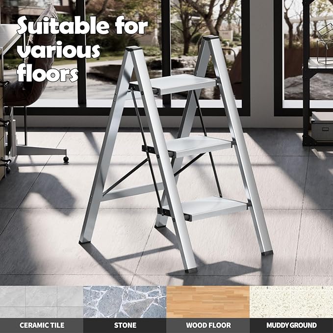Taranta 3 Step Ladder,Aluminum Lightweight Folding 3 Step Stool with Anti-Slip Wide Pedal,330lbs Capacity Step Ladder for Household,Kitchen,Office - Silver