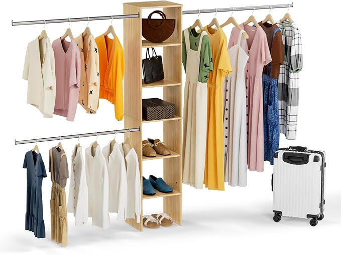 Closet System, 17" Wide Organizer with 3 Hanging Rods, Wood Tower Storage for Walk-In Closets, Wall-Mounted Wardrobe Organizer, Fits Spaces 5-9 ft