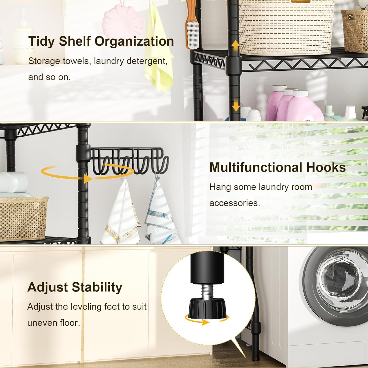 Ulif U8 Laundry Room Storage Organizer, Over The Washer and Dryer Storage Shelves for Laundry Organization, 35" W x 17.3" D x 76.2" H, Suit Washing Machine Width Within 32.6", Hold 304 lb, Black