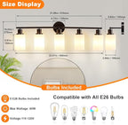 DLLT 5-Light Bathroom Light Fixtures: Black Modern Vanity Lights with E26 Bulbs - Milky White Glass Shade Bathroom Wall Lamp for Mirror Kitchen Living Room Hallway Cabinet Porch