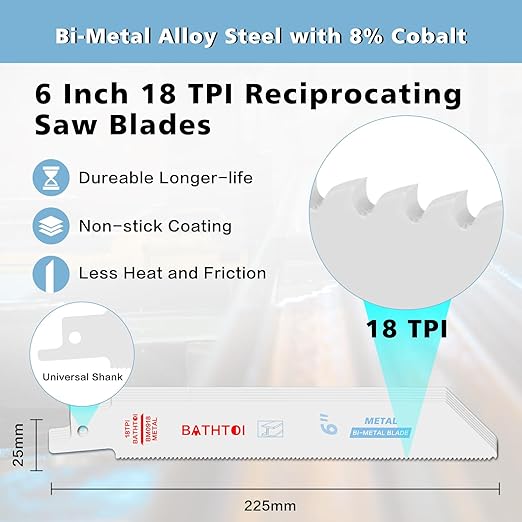 25 Pack 6 Inch 18 Tpi Reciprocating Saw Blades for Sheet Metal, Pipes, Nails Cutting, Profiles Cutting, Bi-Metal Sawzall Blades with 8% Cobalt for Longer Life and Faster Cutting Speed
