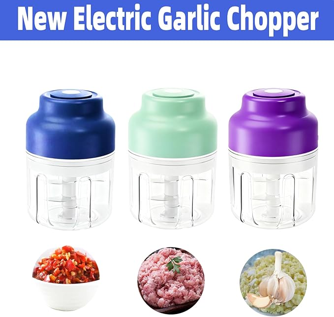 Electric Garlic Chopper, 2025 New Mini Portable Veggie Chopper, Garlic Grinder Masher Rechargeable, Wireless Food Processor for Ginger, Chili, Fruit, Meat (Blue, 320ML)