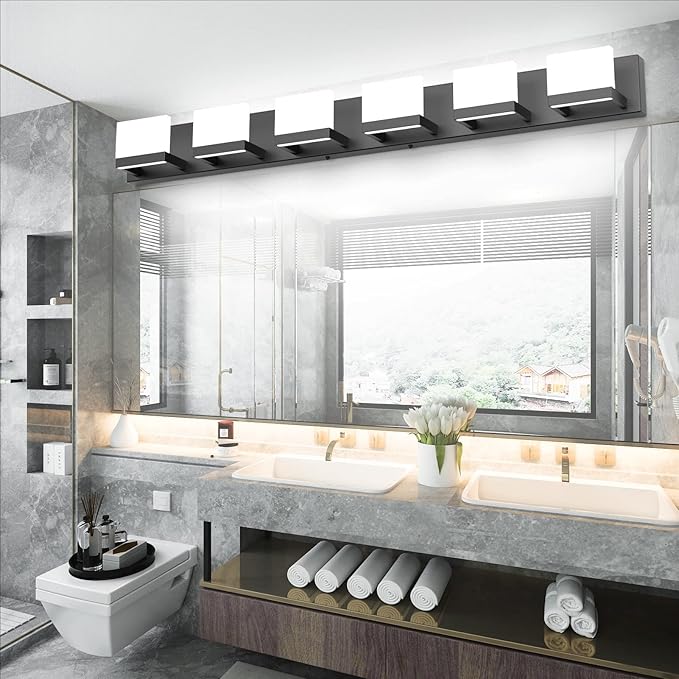 Tipace Dimmable Modern 6 Lights LED Vanity Light for Bathroom Up and Down Black Bathroom Wall Light Fixtures Over Mirror(White Light 6000K)