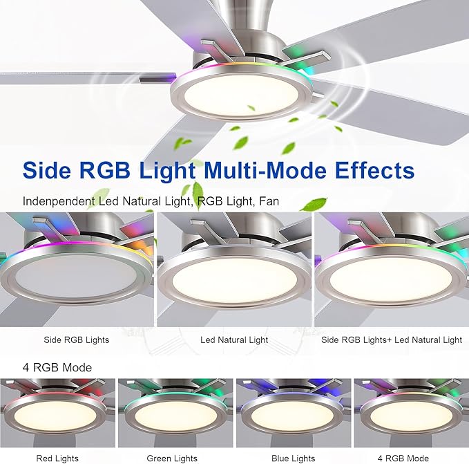 52" RGB Ceiling Fan with Light and Remote/App - Flush Mount Ceiling Fan Light with Reversible Mute Motor, RGB Ring, 5 Dual-Sided Blades, Low Profile Ceiling Fans for Indoor, Party