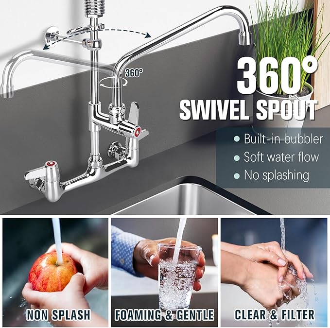Commercial Faucet with Sprayer, 25 Inch Height Commercial Sink Faucet Wall Mount with 8" Adjustable Center and 12" Add-on Swing Spout & Pull Down Pre Rinse Sprayer