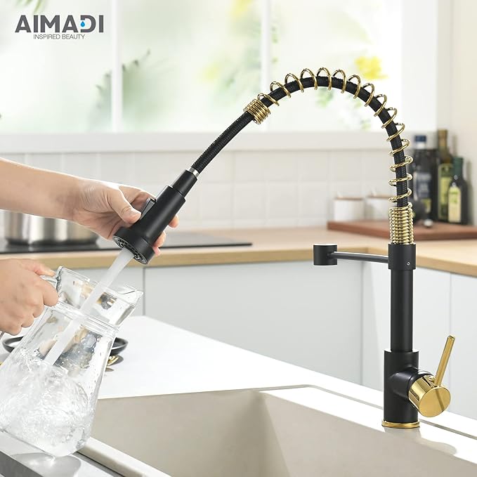 AIMADI Matte Black Kitchen Faucet,Black and Gold Kitchen Faucet with Pull Down Sprayer Commercial Single Handle Spring Sink Faucets Suitable for Farmhouses,Camper Laundry Rv Bar