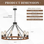 31.5'' Wooden Wagon Wheel Chandelier Farmhouse 12 Lights Wood Round Chandelier Black Rustic Light Fixture for Living Dining Room Entryway Foyer Kitchen