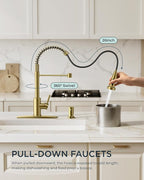 FORIOUS Kitchen Faucet with Soap Dispenser, Gold Stainless Steel Spring Sink Faucet with Pull Down Sprayer Transitional Single Handle for Pot Filler, Farmhouse Camper Bar Laundry Room