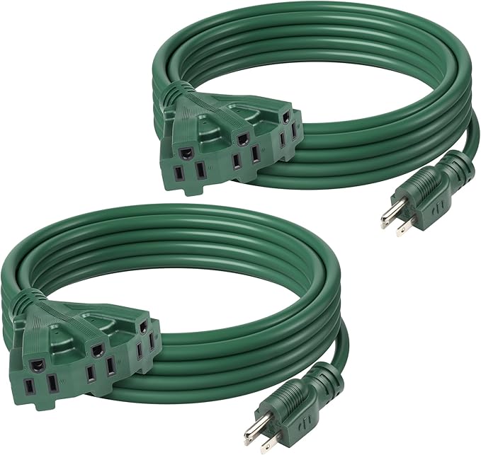 BN-LINK 15Ft Outdoor Extension Cord with 3 Outlets, 2-Pack, 16/3 SJTW, 13-Amp Power Cord for Lighting, Landscaping & Holiday Decorations, Grounded, ETL Listed