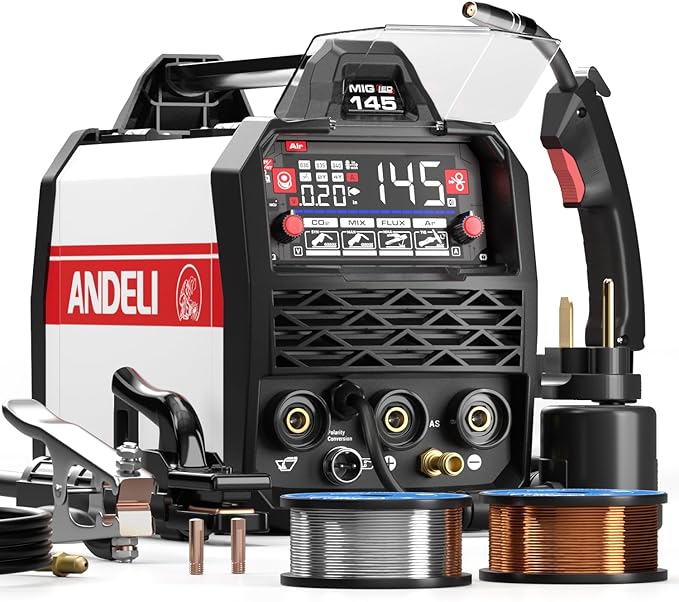 ANDELI 145Amp MIG Welder 110V/220V Dual Voltage, Portable Gas Welder Gas MIG/Flux MIG/Lift Tig/Stick 4-in-1 Multiprocess Welder LED Digital Display Welding Machine IGBT Inverter Welder