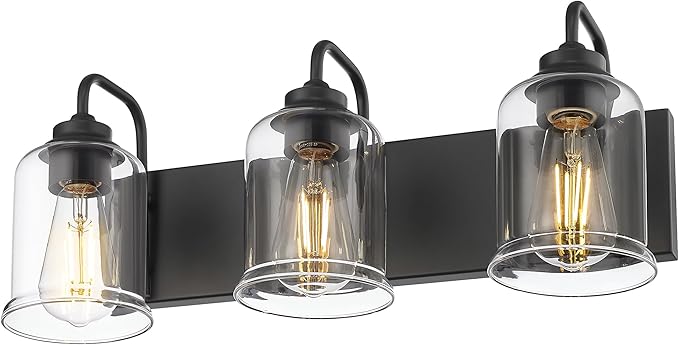 zeyu Black Bathroom Vanity Light, 20.5 Inch Bathroom Light Fixtures Over Mirror, 3-Light Modern Wall Sconces with Clear Glass Shade, ZSL72B-3W BK