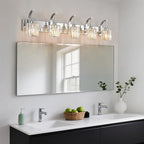 Modern Bathroom Vanity Light, 5-Light Chrome Wall Sconce with Crystal Accents, Over Mirror Bathroom Lighting Fixture, 42.52" Long Dimmable Vanity Lamp for Makeup, Easy Installation