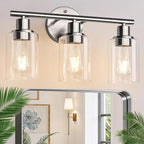 3-Light Bathroom Light Fixtures, Brushed Nickel Vanity Light, Farmhouse Wall Lights with Clear Glass Shade, Bathroom Wall Lamp for Mirror Kitchen Bedroom Hallway Living Room Hallway Cabinet