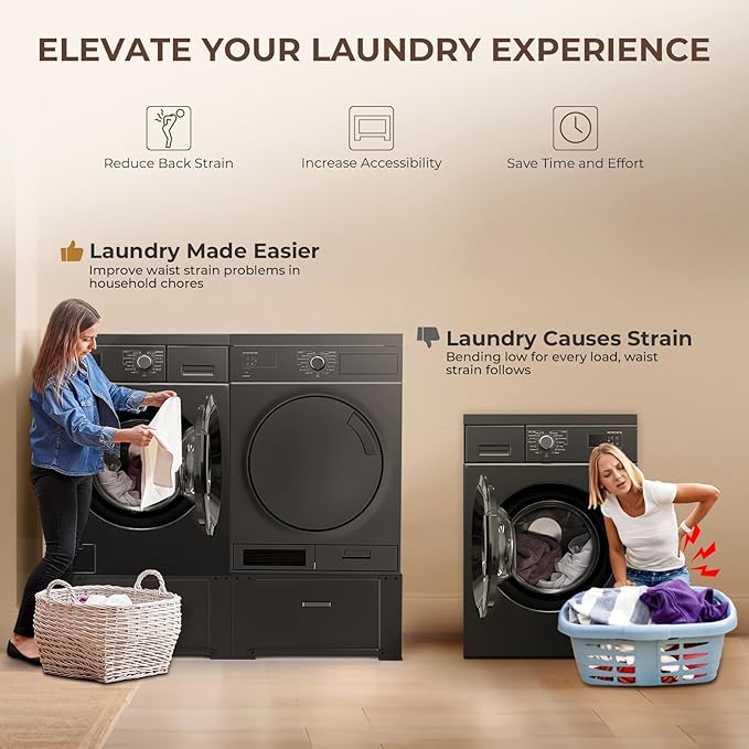 28" Washer and Dryer Pedestals with Drawer- Laundry Pedestal Stand for Washer and Dryer – Set of 2,Alloy Steel Washing Machine Stand Raiser, washer dryer pedestal 14.3'' Height Black