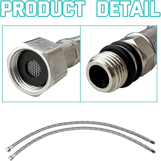 24" Length Bathroom Kitchen Faucet Connector Water Supply Line, Durable Braided Steel Hot and Cold Water Lines Faucet Hose 3/8" female compression thread x M10 male connector