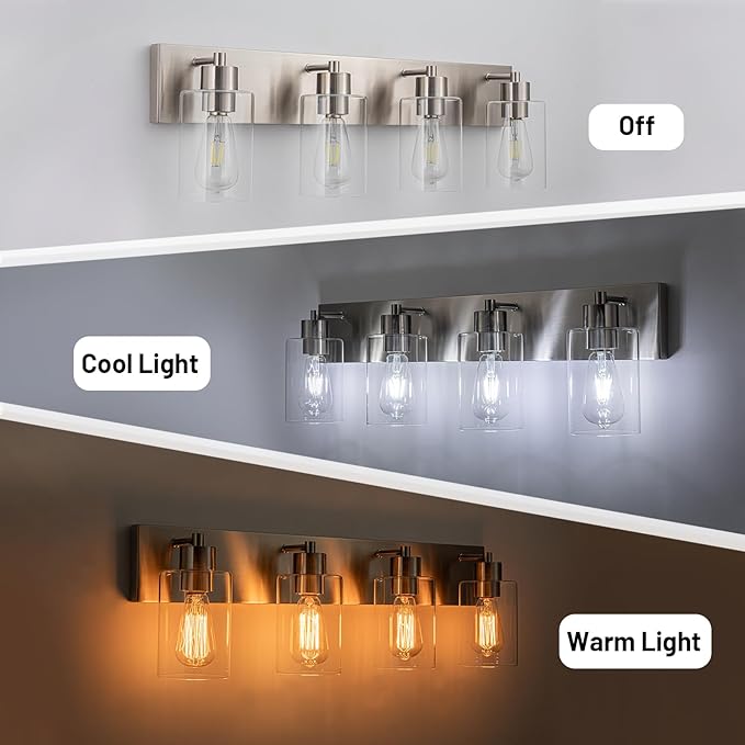 4-Light Bathroom Vanity Light Fixtures, Modern Bathroom Light Fixture with Clear Glass Brushed Nickel Finish Vanity Lights Over Mirror for Kitchen Bedroom Living Room