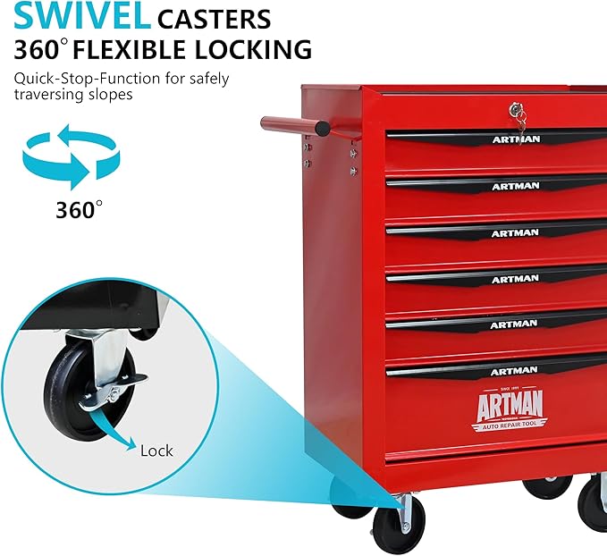 6 Drawers Rolling Tool Box on Wheels, Multifunctional Tool Chest Cabinet with Lock, Drawers Rolling Tool Cart Trolley Organizer Tool Storage Case for Warehouse,Garage,Workshop (Red)
