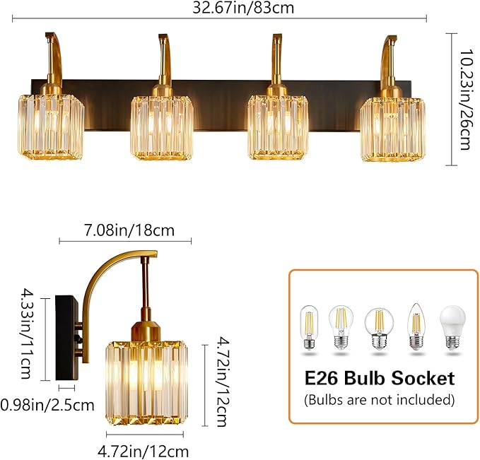 Crystal Vanity Lights 4-Light Black Gold Bathroom Vanity Lights Modern Crystal Bathroom Light Fixtures Over Mirror 32.67" Long Vanity Light for Bathroom