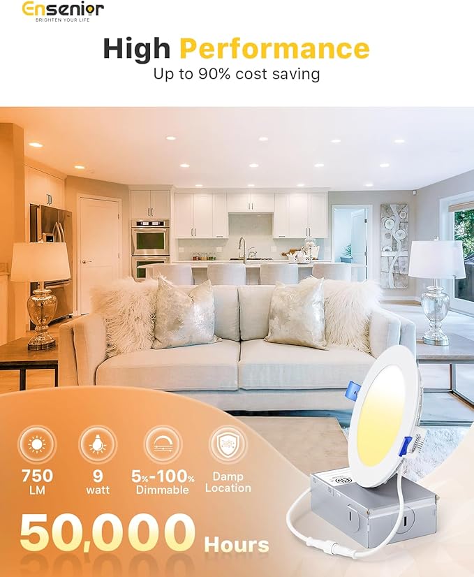 Ensenior 24 Pack 4 Inch LED Recessed Ceiling Light, Dimmable, 5000K Daylight, 750LM 9W 120V, High Brightness Canless Wafer Downlight - ETL&FCC&IC