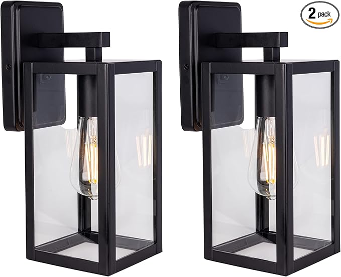 LIT-PaTH Outdoor Wall Lantern, Wall Sconce as Porch Lighting Fixture, E26 Medium Base Max 60W, Anti-Rust Metal with Glass Shade, Black, 2-Pack