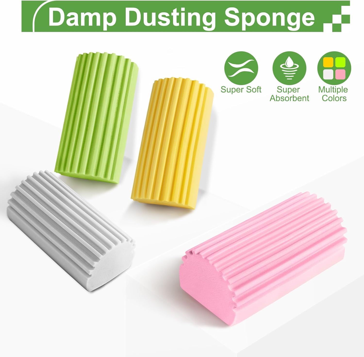 4-Pack Damp Clean Duster Sponge,Reusable Magic Dusting Sponge Brush for Cleaning Blinds, Glass, Baseboards,Vents,Railings,Mirrors,Window Track Grooves and Faucets (Grey,Yellow,Pink,Green)