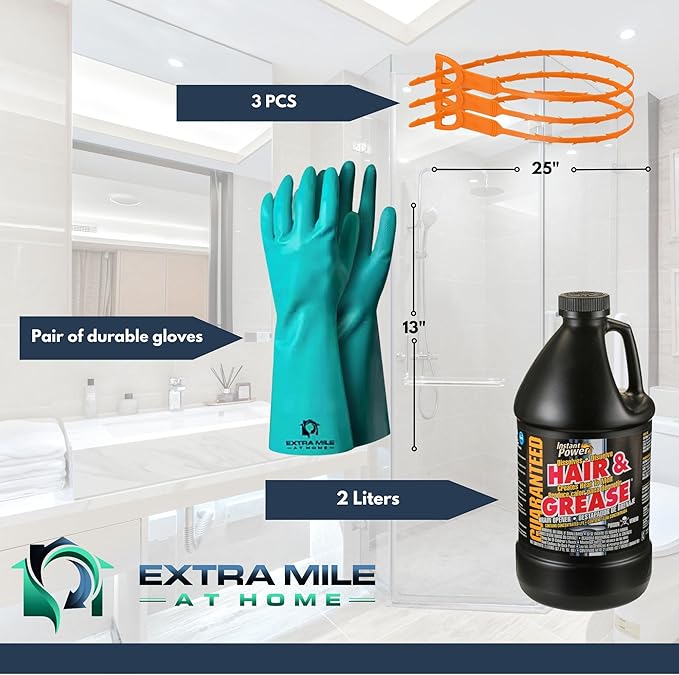 Drain Defender – Hair & Grease Buster Kit Instant Power Drain Opener and comes with, Heavy-Duty PVC Gloves & 3 Hair Clog Removers – Fast-Acting & Safe for Pipes & Septic Systems