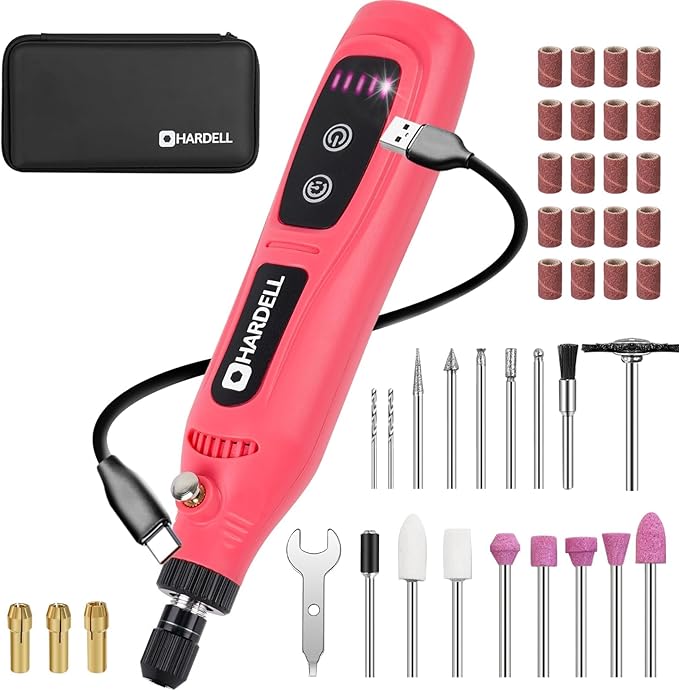 HARDELL Mini Cordless Rotary Tool, 5-Speed Rotary Tool Kit with 43 Accessories, Type-C Charging Power Rotary Tool for Engraving, Sanding, Polishing, Drilling, Grinding, Small DIY Crafts (Pink）