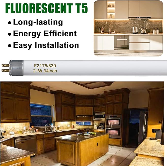 F21T5/830 21 Watt 34 Inches T5 Fluorescent Light Bulb, 3000K Warm White, 2100 Lumens, 20000 Hour Lifespan, Mini Bi-Pin Base, 6 Pack