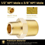 KOOTANS 1/2 NPT x 3/8 NPT Male Solid Brass Hex Nipples, Heavy Brass Pipe Adapter Fittings Reducing Nipple Connectors 4Pieces