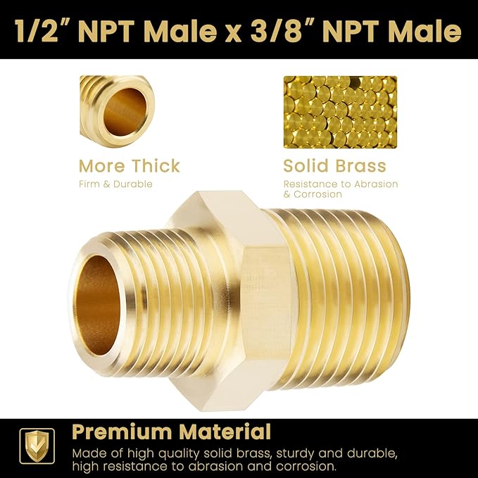 KOOTANS 1/2 NPT x 3/8 NPT Male Solid Brass Hex Nipples, Heavy Brass Pipe Adapter Fittings Reducing Nipple Connectors 4Pieces