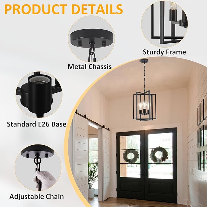 Black Farmhouse Modern Chandelier Light Fixture for Dining Room, 3 Light Rustic Kitchen Island Metal Pendant Hanging, Adjustable Geometric Foyer Light Fixtures for Entryway Hallway Living Room