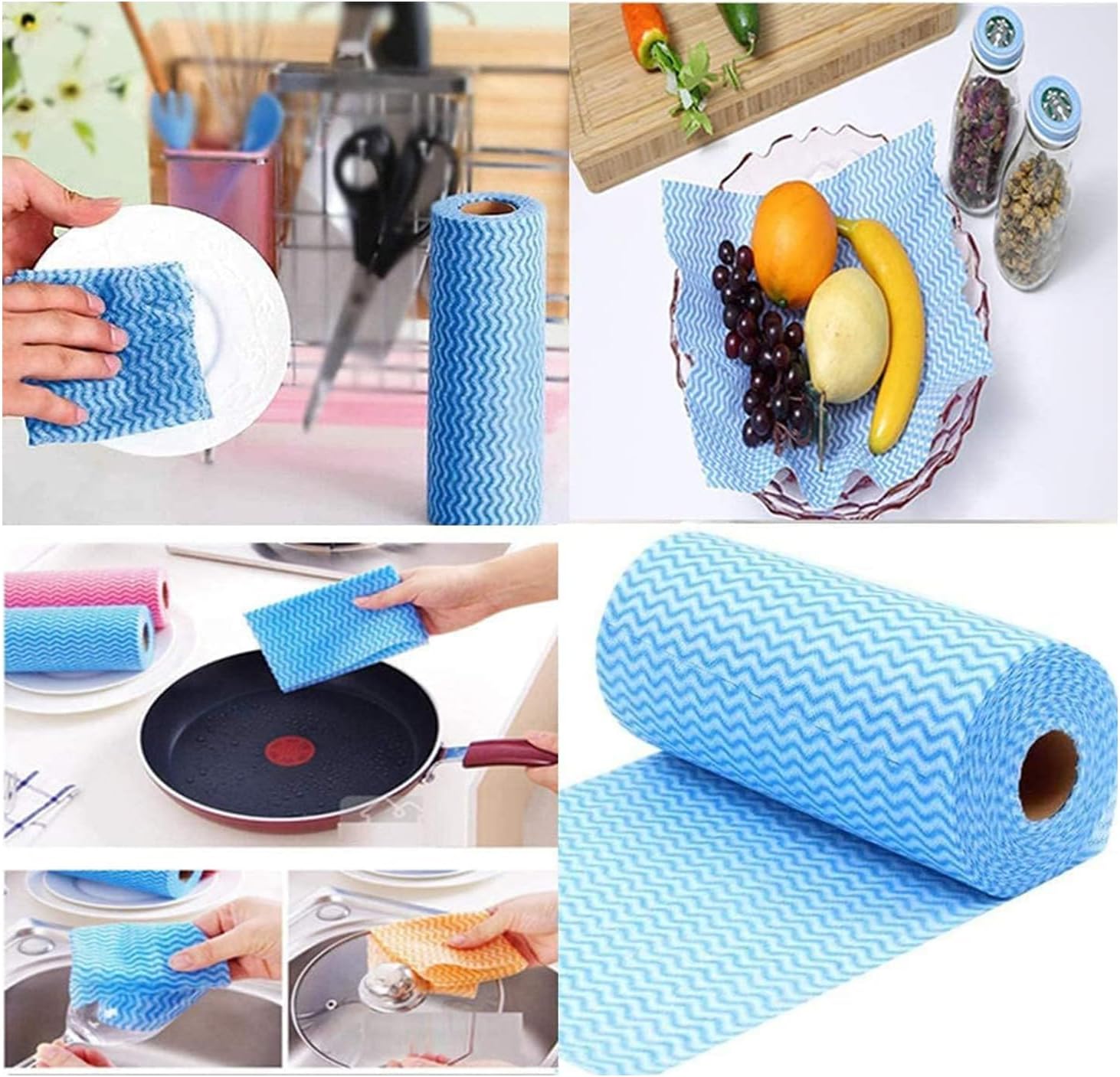 SUZZYVINE Disposable Cleaning Cloths Reusable Dish Cloths Dish Towels Blue Kitchen Towels Handy Wipes On Rolls Total 2 Roll 100 Pcs
