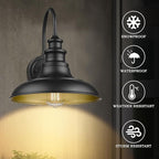 Outdoor Barn Light Fixture, 12.3 Inch Large Dome Farmhouse Wall Mount Light Gooseneck Wall Sconce Exterior Wall Lighting Fixture Industrial Black Finish Lantern for Porch with Gold Interior, 1pack